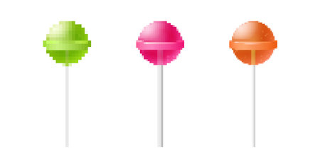 Three pixel art lollipops in green, pink, and orange create a colorful retro scene on a white backdrop.のイラスト素材