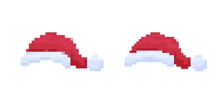 Two pixel art santa hats on a white background, perfect for festive holiday designs.のイラスト素材