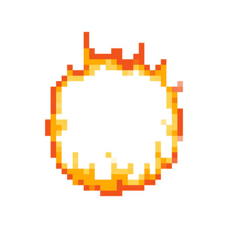 Pixelated fiery icon showing bright flames in classic retro 8 bit style for a playful look.のイラスト素材