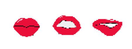 A vibrant retro pixel art showcasing three red lip expressions, perfect for design or digital art...