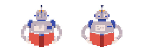 Two adorable retro robots showcased in vibrant pixel art style, emphasizing a mosaic design.のイラスト素材