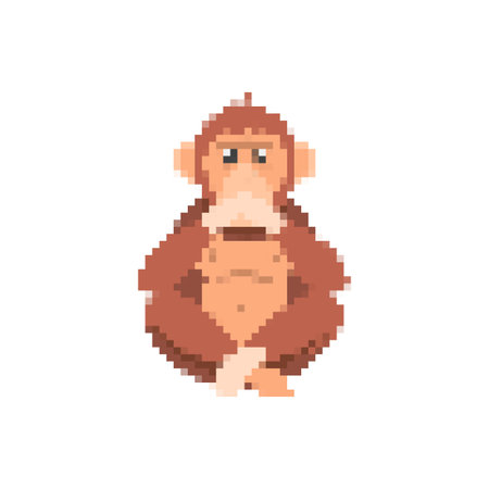 Playful mosaic monkey icon in retro pixel art style, featuring classic 8 bit design and expressions.