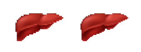 A creative pixelated mosaic featuring two red lips set against a white backdrop, evoking digital art style.のイラスト素材