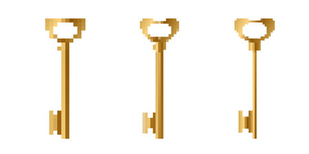 Three pixelated gold keys in a retro game style show classic design with a nostalgic charm.のイラスト素材