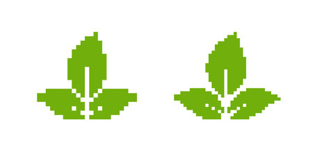 Two pixelated green leaves in a retro mosaic style, capturing a minimalist and nature-inspired design.のイラスト素材
