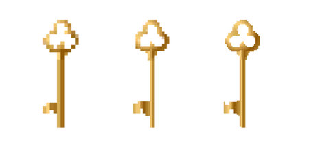 Three golden pixelated keys in a mosaic style. they evoke nostalgia and retro gaming imagery.のイラスト素材
