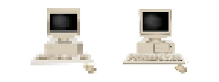 Pixelated mosaic art of a vintage computer, ideal for retro and gaming design projects.