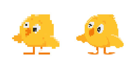 Charming pixelated yellow chick characters ideal for retro and 8-bit style game design projects.のイラスト素材