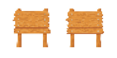 Pixelated wooden signs with posts, perfect for retro 8-bit game design elements and creative projects.のイラスト素材