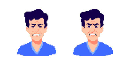 Pixel art featuring two annoyed expressions of a person in blue shirts, showcasing emotion through 8-bit style.のイラスト素材