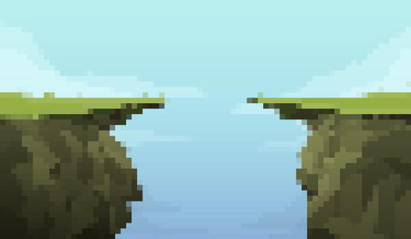 Pixel art scene depicting two cliffs separated by a gap, set against a clear blue sky.のイラスト素材