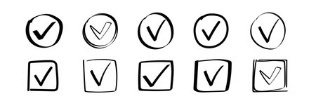A collection of checkbox icons featuring hand-drawn checkmarks in diverse circular and square styles.のイラスト素材