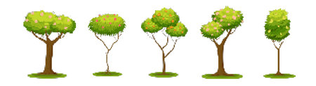A collection of five pixelated trees with lush foliage, perfect for game design or creative projects.のイラスト素材