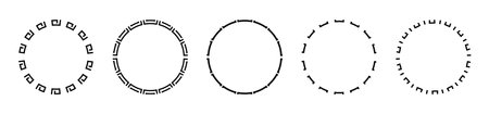 Five unique geometric circle frames for creative design projects and modern decorative elements.のイラスト素材