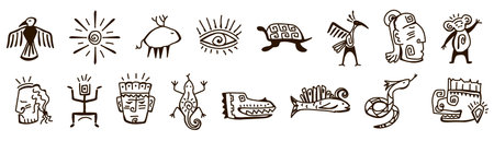 Collection of ancient aztec symbols featuring animals and geometric designs for cultural creativity.のイラスト素材