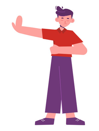 Colorful illustration of a person with a displeased expression, raising a hand in rejection.のイラスト素材