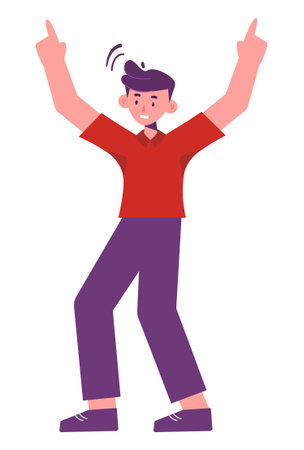 Animated character with raised arms showing excitement and joy on a white background.のイラスト素材