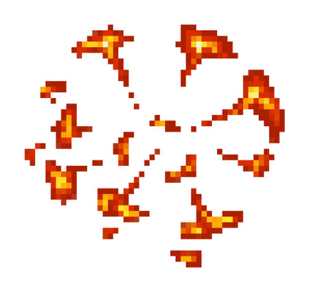 Vibrant pixel explosion design with fiery colors, ideal for digital art and animation projects.のイラスト素材