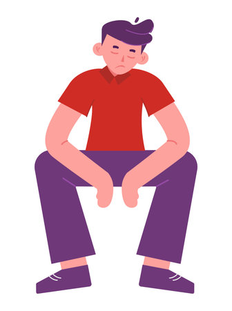 A cartoon character sits pensively, embodying sadness with a thoughtful expression and posture.のイラスト素材