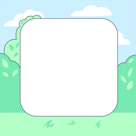 Blank square frame with a summer nature theme, featuring green trees and a blue sky.のイラスト素材