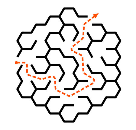 Hexagonal maze with an orange dotted solution path winding through dark hexagons.のイラスト素材