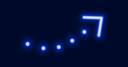 A glowing neon arrow pointing upward and to the right following a series of circles representing a data chart or progress.のイラスト素材