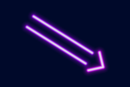 A bright glowing neon arrow made of two parallel lines pointing to the bottom right a sign of a decrease.のイラスト素材