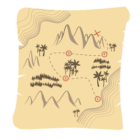Illustrated treasure map featuring mountains, palm trees, and marked path with destination points.のイラスト素材