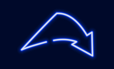 A bright blue neon arrow with a sharp upward turn and a pointed tip showing direction or a shift.