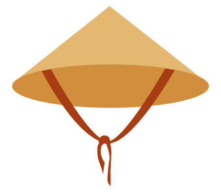 Simple illustration of a traditional asian conical hat with a chin strap, isolated on a white background.のイラスト素材
