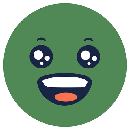 A cheerful green cartoon face with an open smile and big eyes, conveying joy and excitement.のイラスト素材