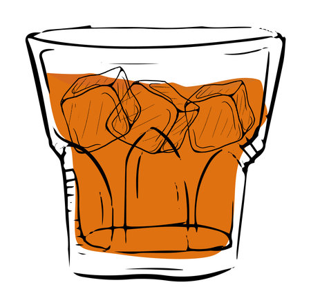 Artistic illustration of a cocktail in a glass with ice cubes, perfect for beverage designs.のイラスト素材