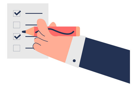 Hand filling checklist with pink pencil: task completion icon.のイラスト素材