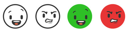 Happy to angry emoji sequence: white, green, red faces.のイラスト素材