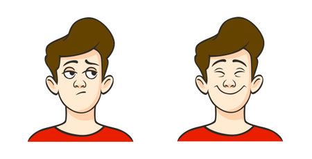 Cartoon expressions: frowning and smiling character faces.のイラスト素材