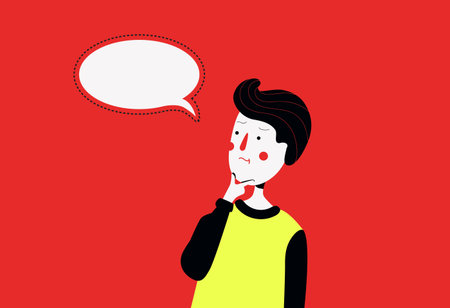 Pensive cartoon character with speech bubble on red background.のイラスト素材