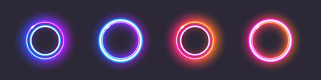 Colorful neon circles on dark background - glowing design.のイラスト素材
