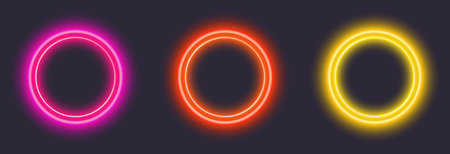 Vibrant neon glowing rings in pink, red, and yellow.のイラスト素材
