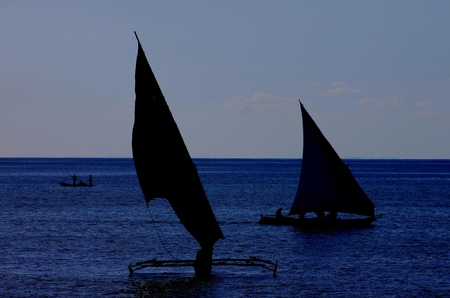Outrigger sails silhouetted in the moonlight