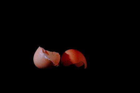 A broken eggshell on a black background in landscape formatの写真素材