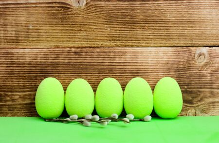 Bright green Easter eggs branch pussy willow on wooden backgroundの写真素材