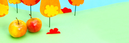 Ripe tasty juicy fresh sweet red apple lies on the grass against the background of autumn forest treesの写真素材