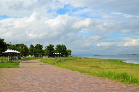 Boardwalk along Lake Biwaの写真素材