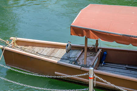 Sightseeing boats and herons on the Uji River in Kyotoの写真素材