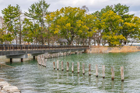 Lake Biwa and Zensho Castle Ruins Park in Shiga Prefectureの写真素材