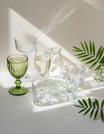 Glasses and bottles with water on a white background with shadows.の素材