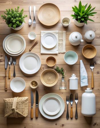 Tableware and cutlery on wooden background. Top view.の素材