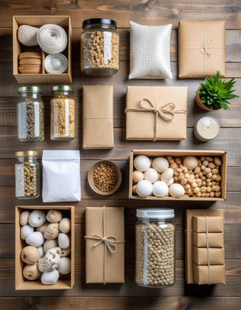 Zero waste and plastic free lifestyle concept. Flat lay composition with natural organic products in boxes on wooden background.の素材