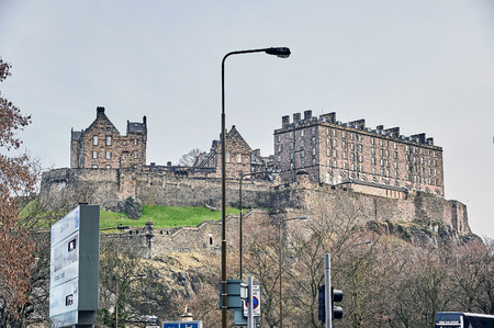 Edinburgh, View of the city, Several monuments and the Castle,のeditorial素材