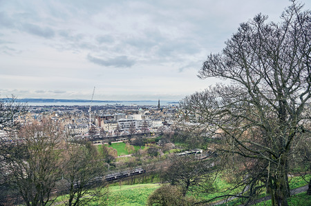 Edinburgh, View of the city, Several monuments and the Castle,の写真素材